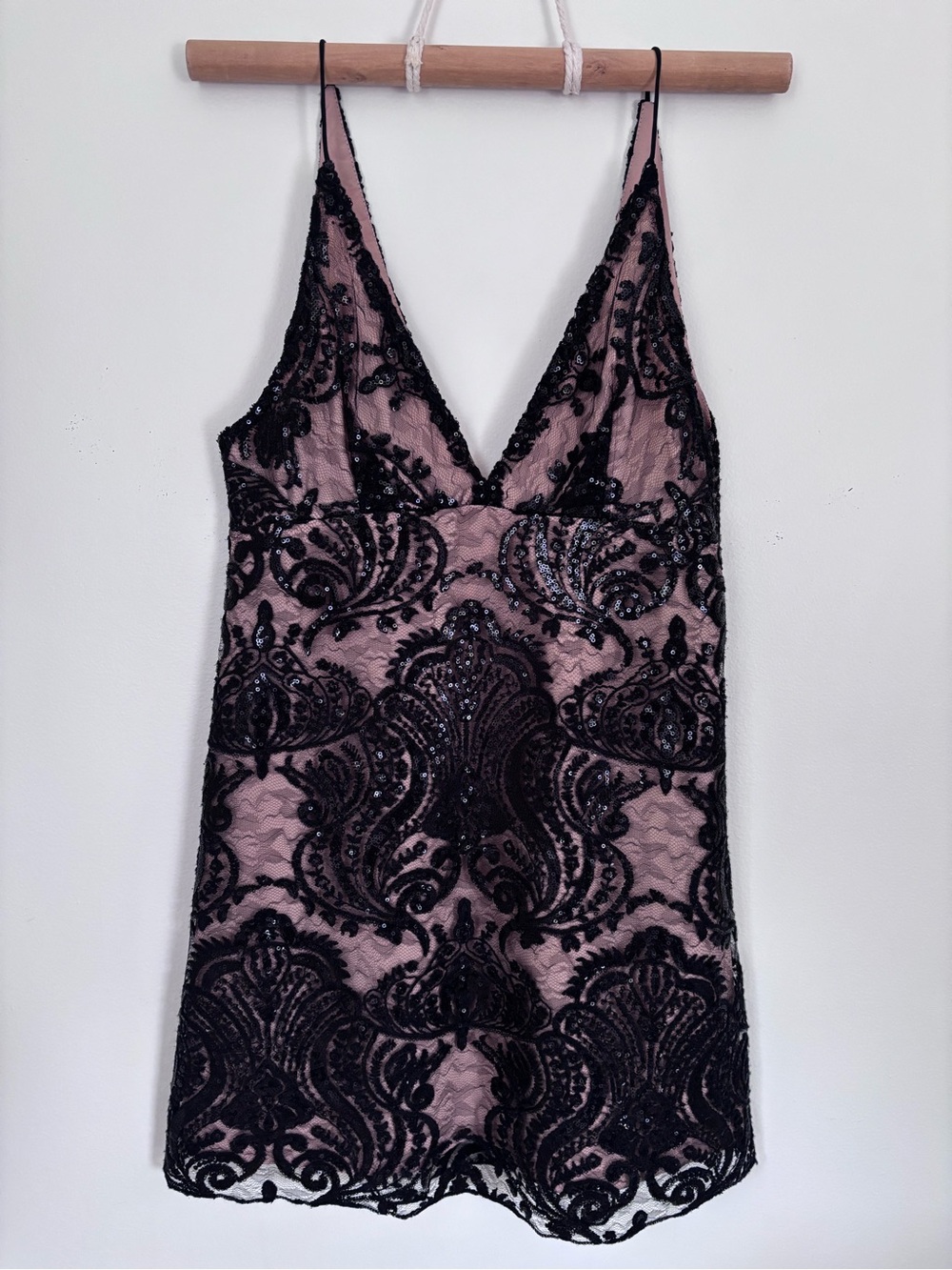 Free People Black and Nude Sequin Lace Mini Slip Dress | Size 4 | Glam